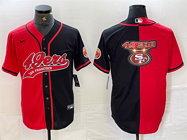 Men's San Francisco 49ers Red/Black Split Team Big Logo With Patch Cool Base Stitched Baseball Jersey Men's San Francisco 49ers Red/Black Split Team Big Logo With Patch Cool Base Stitched Baseball Jersey